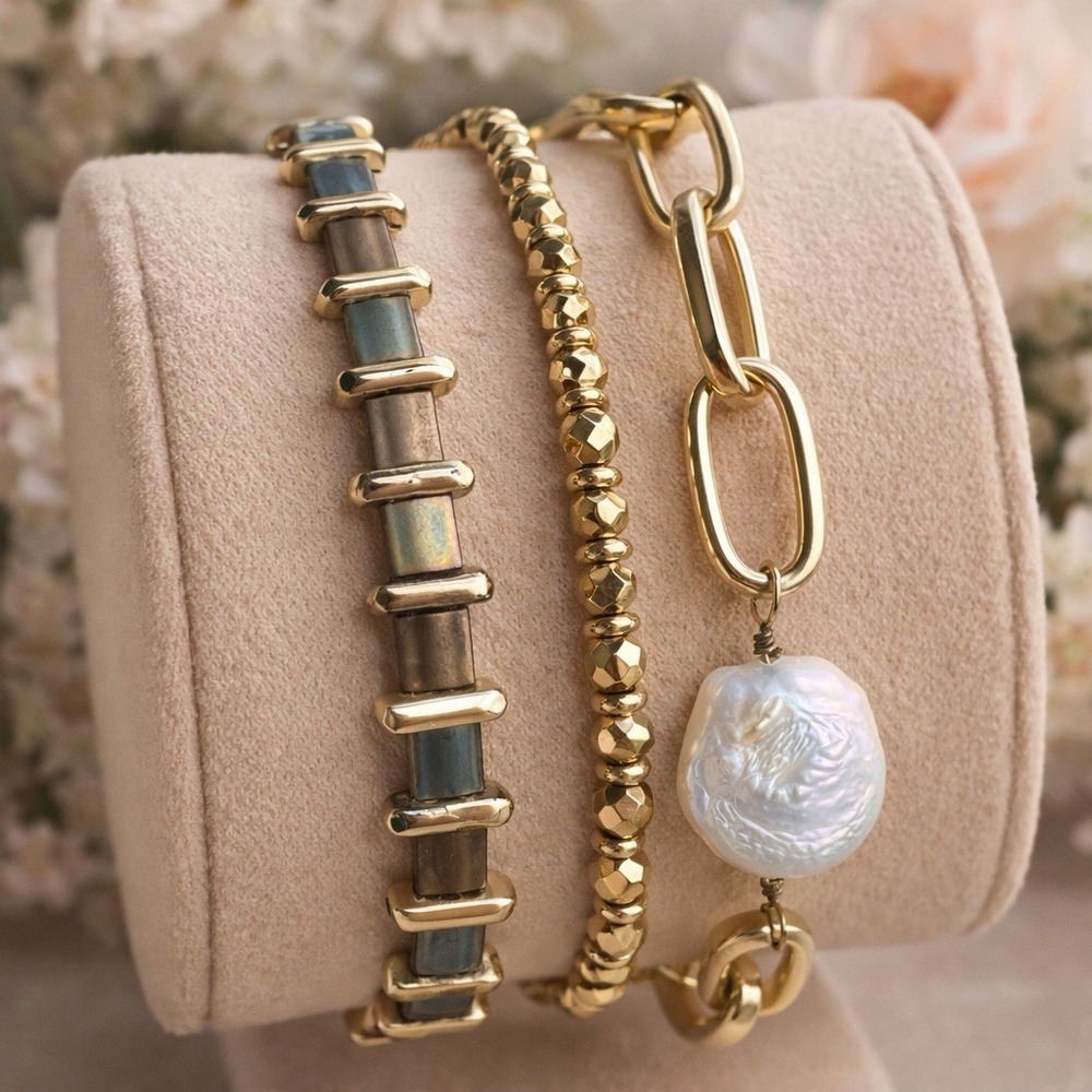 Set Of 3 Spartina 449 Bracelets 18k Matte Gold Plate Tila Fresh WaterPearl Coin